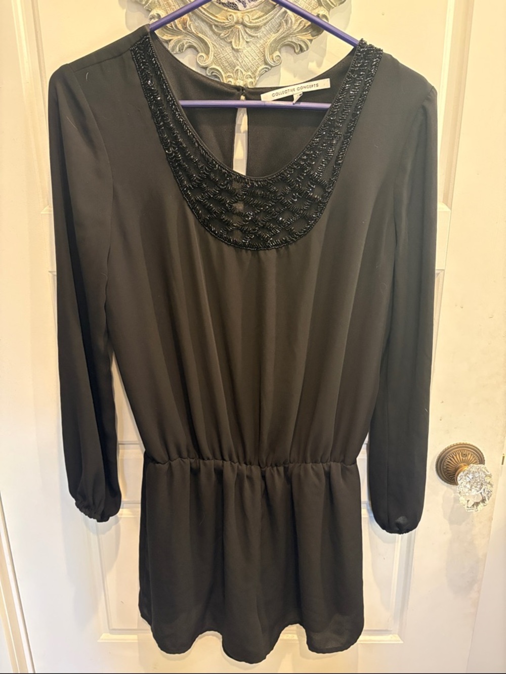 Black Beaded Neckline Long Sleeve romper